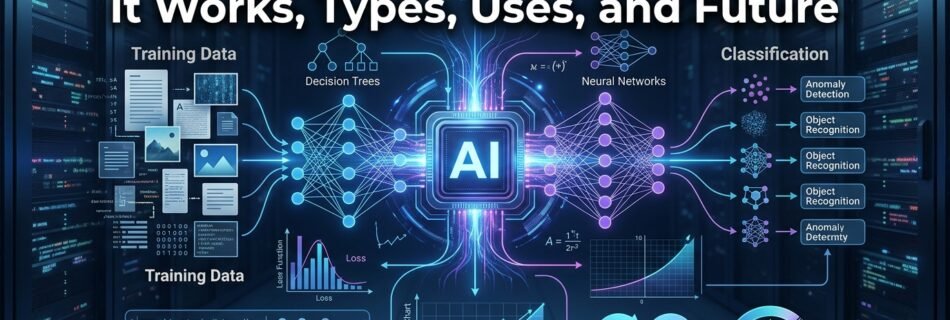 Machine Learning concept showing data, algorithms, neural networks, and AI predictions
