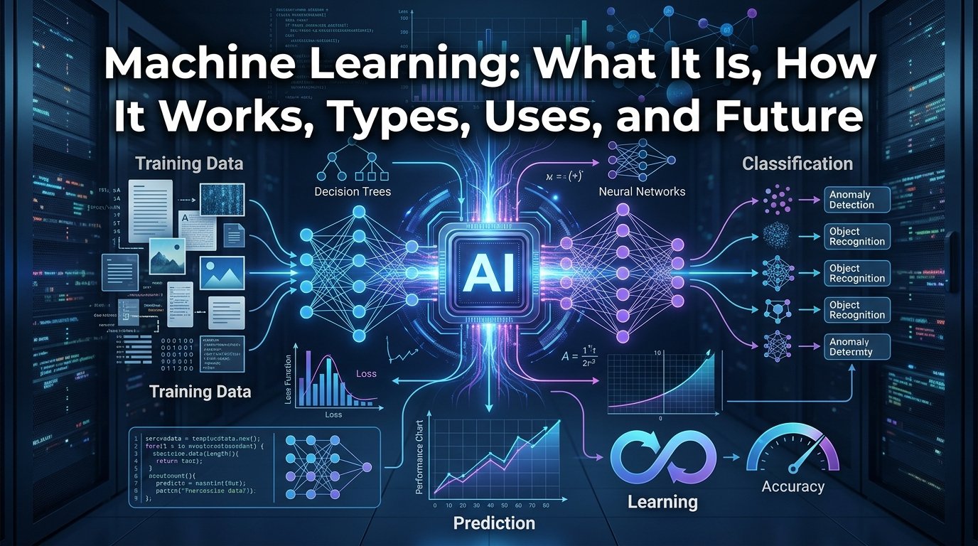 Machine Learning concept showing data, algorithms, neural networks, and AI predictions